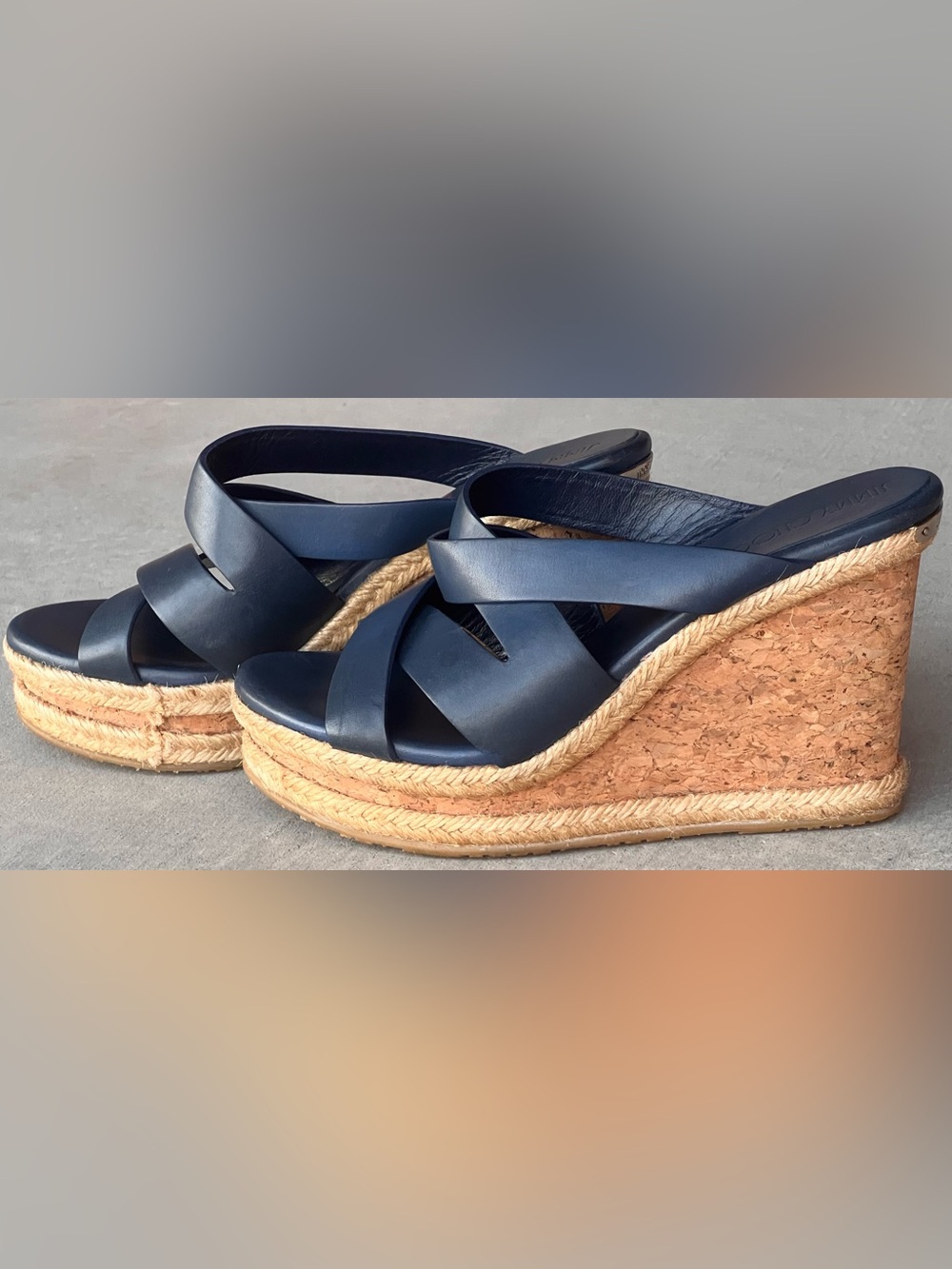 Jimmy Choo Prisma Navy Vachetta Leather Cork Espadrille Wedge Sandals EU 38 US 8